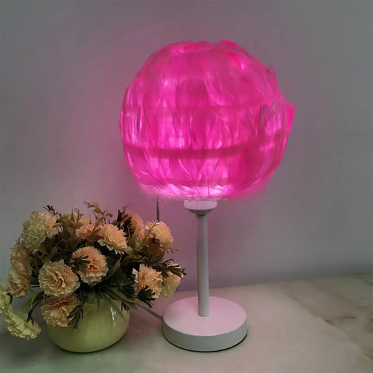 Handmade Nordic Style Feather Sphere Table Light - White/Pink/Rose Red Nightstand Lamp With Plug-In