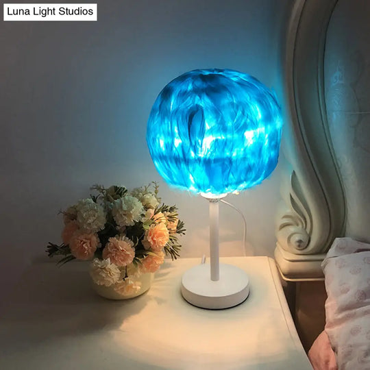 Handmade Nordic Style Feather Sphere Table Light - White/Pink/Rose Red Nightstand Lamp With Plug-In