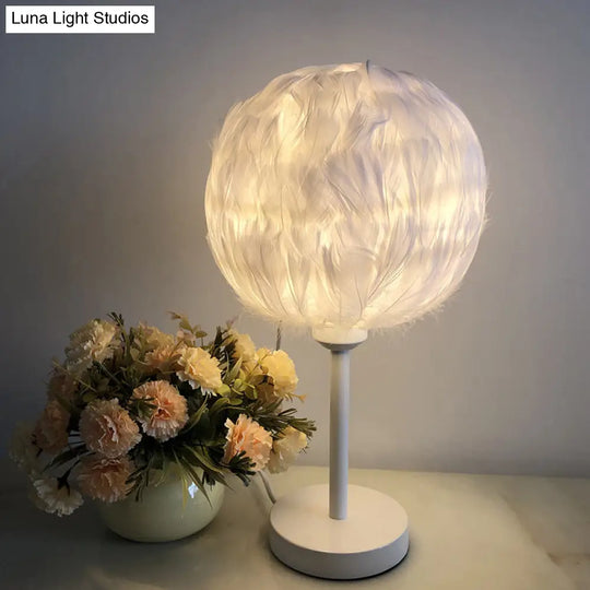 Handmade Nordic Style Feather Sphere Table Light - White/Pink/Rose Red Nightstand Lamp With Plug-In