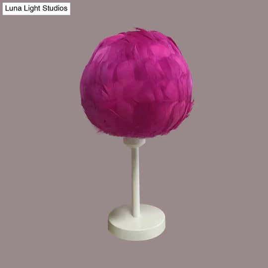 Handmade Nordic Style Feather Sphere Table Light - White/Pink/Rose Red Nightstand Lamp With Plug-In