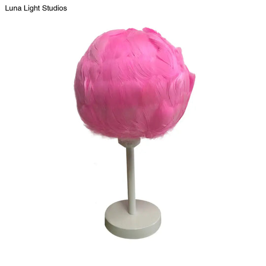 Handmade Nordic Style Feather Sphere Table Light - White/Pink/Rose Red Nightstand Lamp With Plug-In