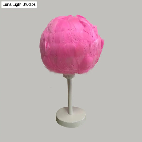 Handmade Nordic Style Feather Sphere Table Light - White/Pink/Rose Red Nightstand Lamp With Plug-In