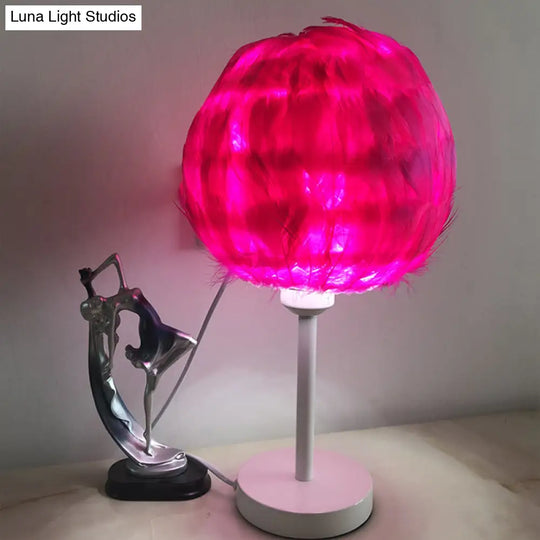 Handmade Nordic Style Feather Sphere Table Light - White/Pink/Rose Red Nightstand Lamp With Plug-In