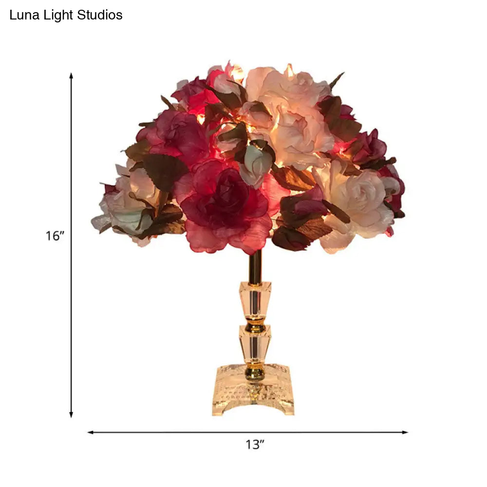 Handmade Rose Blossom Table Lamp: Modern Pink & White Fabric Night Light With Crystal Pedestal