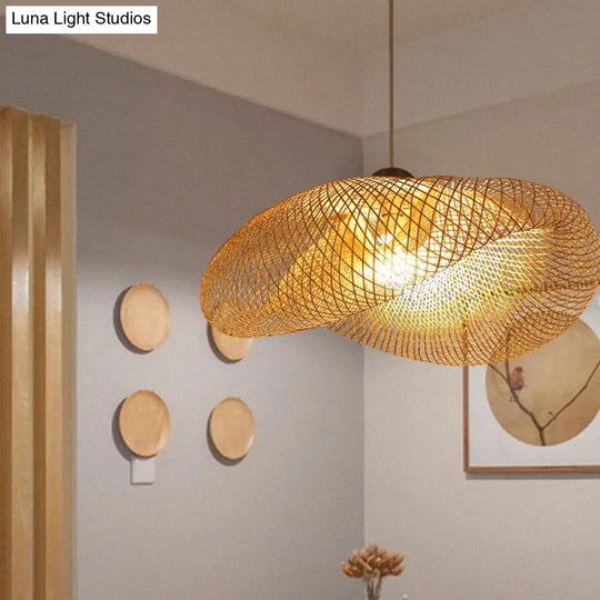 Handmade Wood Pendant Light With Bamboo Shade - Modern 1 Bulb Hanging Lamp