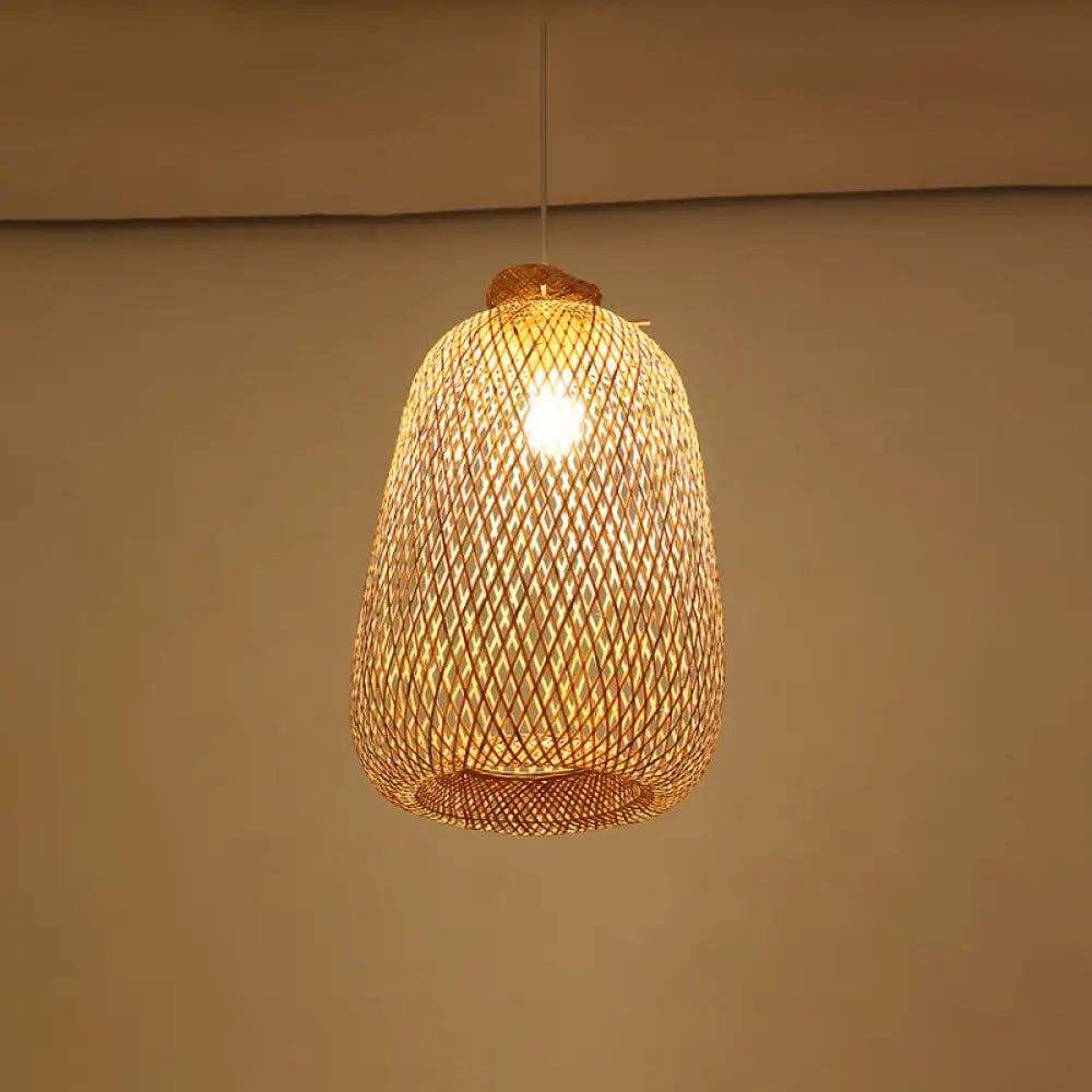 Handmade Wood Pendant Light With Bamboo Shade - Modern 1 Bulb Hanging Lamp / C