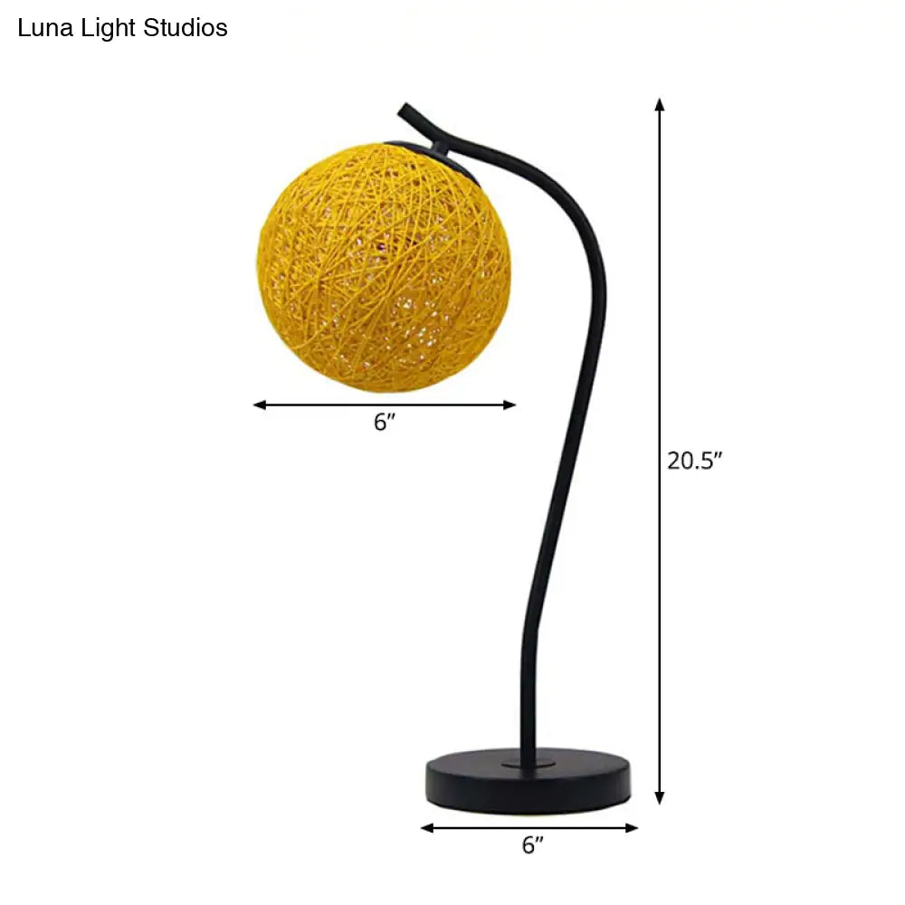 Handmade Yellow/Ivory Rattan Table Lamp - Countryside Style 1-Light With Ball Shade For Bedroom