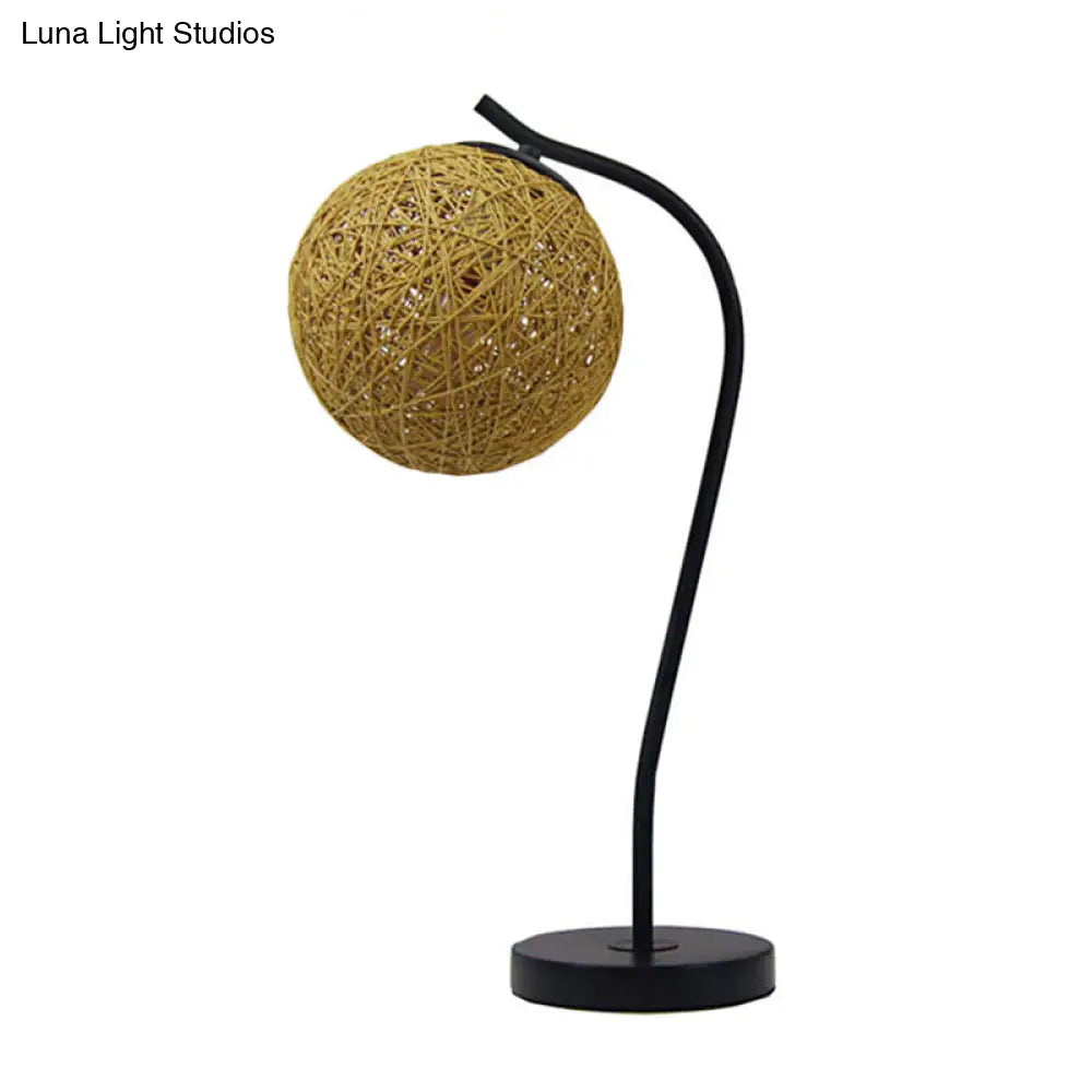 Handmade Yellow/Ivory Rattan Table Lamp - Countryside Style 1-Light With Ball Shade For Bedroom