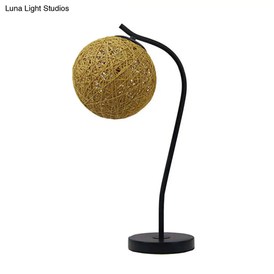 Handmade Yellow/Ivory Rattan Table Lamp - Countryside Style 1-Light With Ball Shade For Bedroom