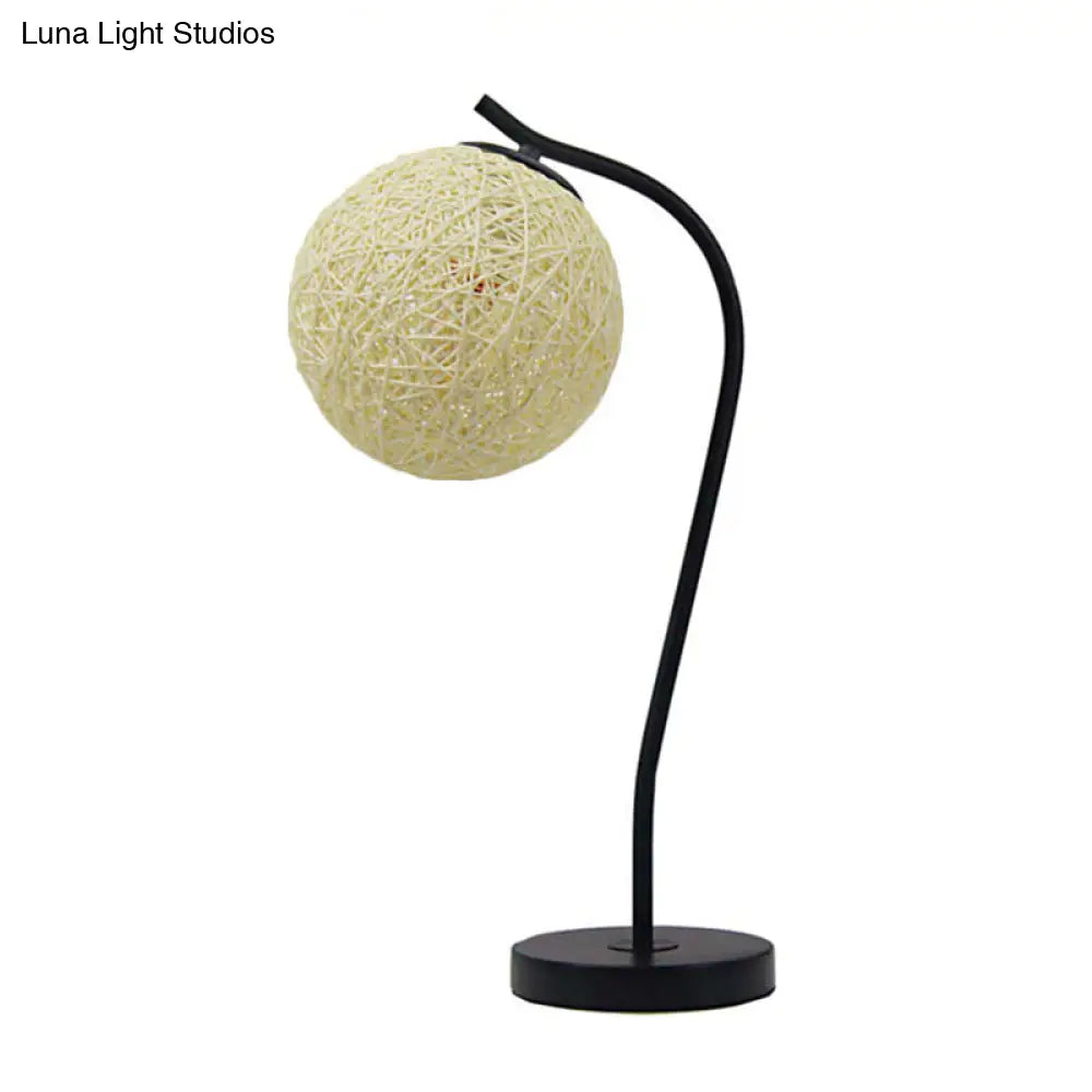 Handmade Yellow/Ivory Rattan Table Lamp - Countryside Style 1-Light With Ball Shade For Bedroom