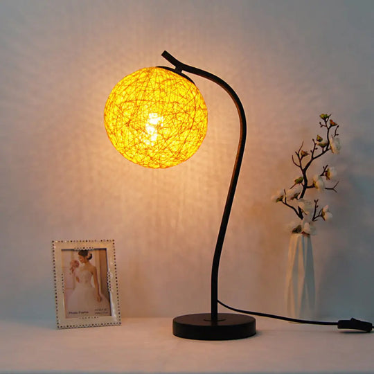 Handmade Yellow/Ivory Rattan Table Lamp - Countryside Style 1-Light With Ball Shade For Bedroom