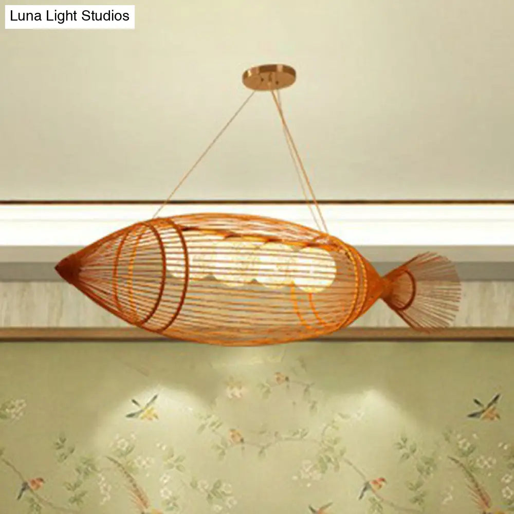 Handwoven Asian Fish Bamboo Suspension Light - Rustic Wood Restaurant Chandelier