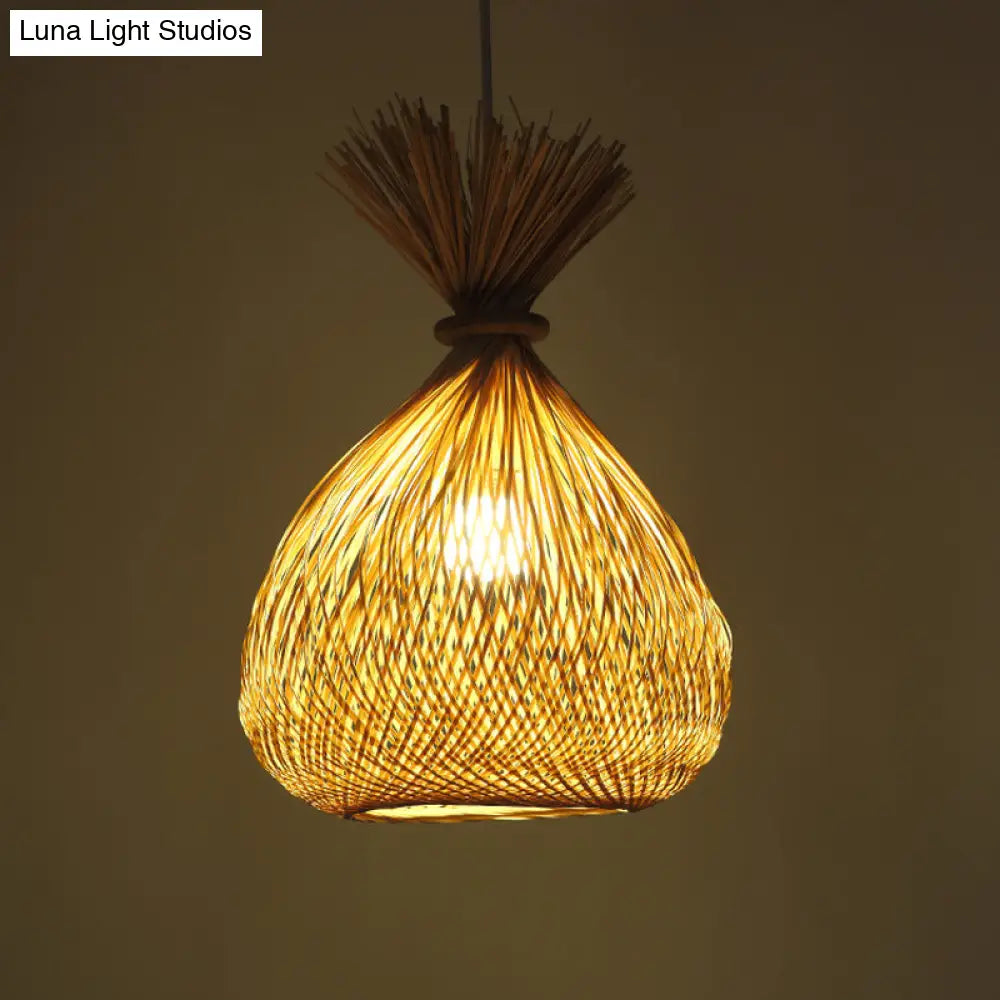 Handwoven Bamboo Shade Pendant Light With Asian Wood Fixture For Restaurants