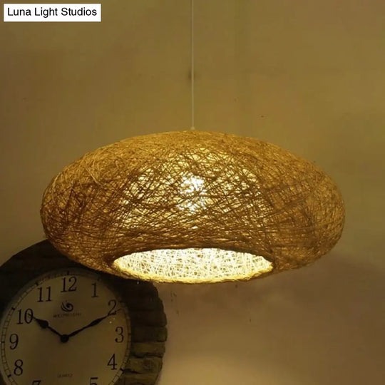 Hanging Bamboo Ceiling Light With Hand-Woven Flaxen Shade - Japanese-Inspired 1 Bulb Lighting