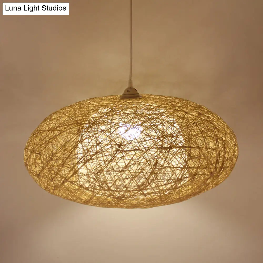 Hanging Bamboo Ceiling Light With Hand-Woven Flaxen Shade - Japanese-Inspired 1 Bulb Lighting