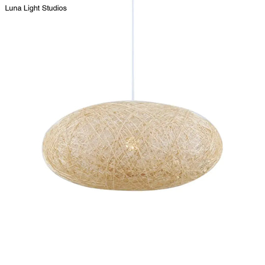 Hanging Bamboo Ceiling Light With Hand-Woven Flaxen Shade - Japanese-Inspired 1 Bulb Lighting