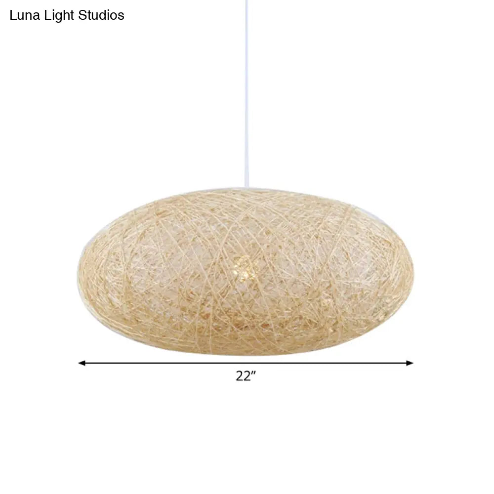 Hanging Bamboo Ceiling Light With Hand-Woven Flaxen Shade - Japanese-Inspired 1 Bulb Lighting