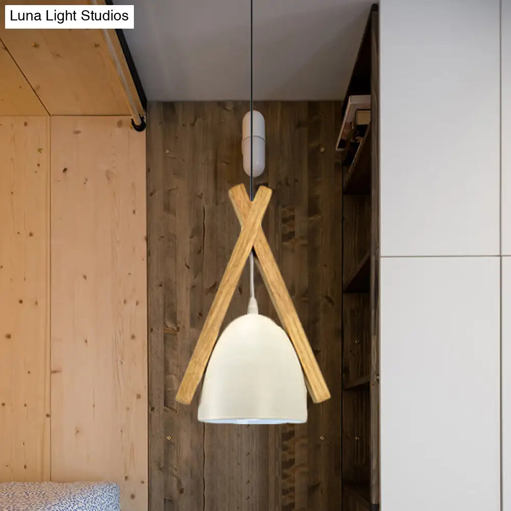 Hanging Bowl Shape Pendant Light With Linear Wood Deco - Stylish Macaron Loft Aluminum For Hallways