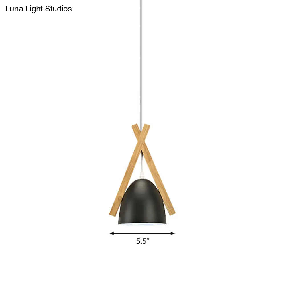 Hanging Bowl Shape Pendant Light With Linear Wood Deco - Stylish Macaron Loft Aluminum For Hallways