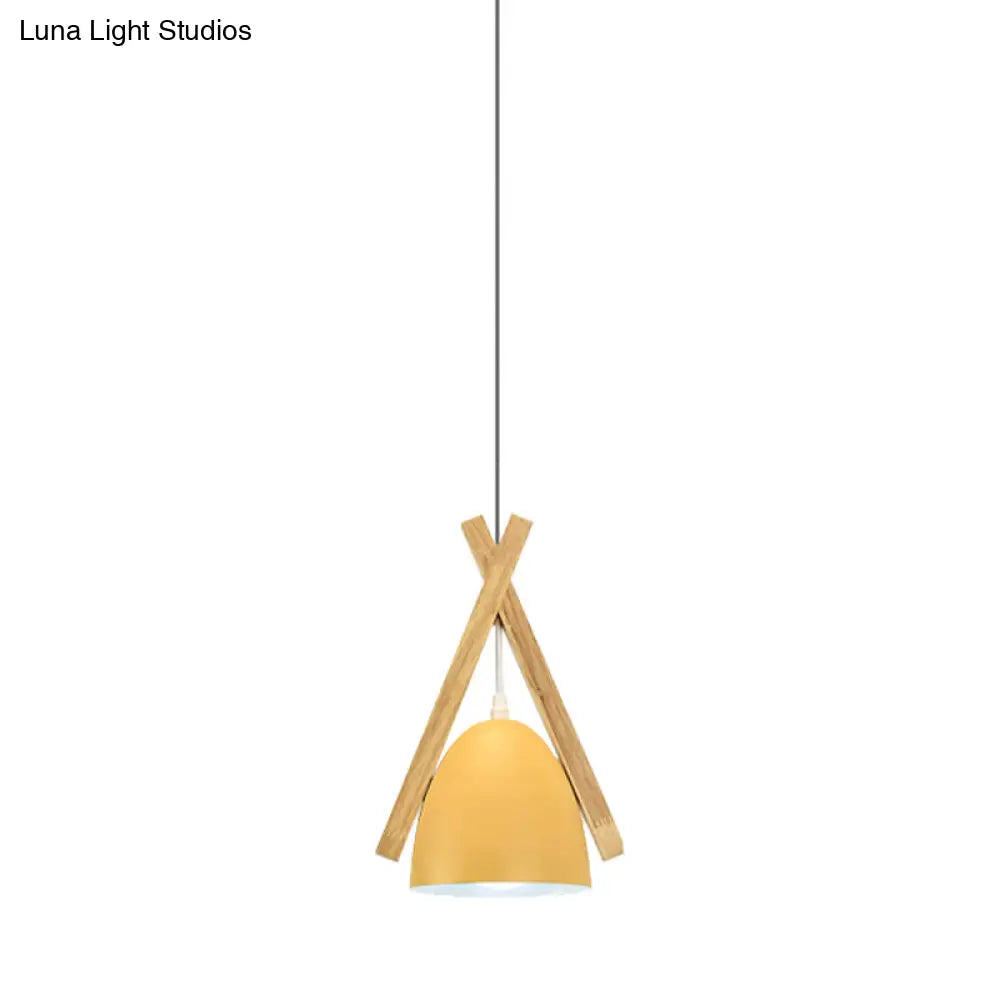 Hanging Bowl Shape Pendant Light With Linear Wood Deco - Stylish Macaron Loft Aluminum For Hallways