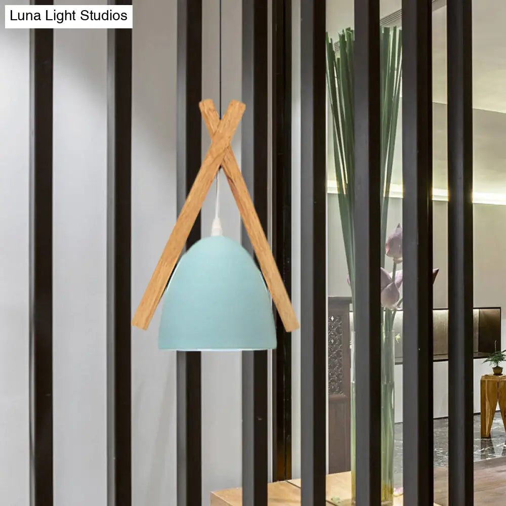 Hanging Bowl Shape Pendant Light: Linear Wood Deco Macaron Loft Aluminum Perfect For Hallway Blue