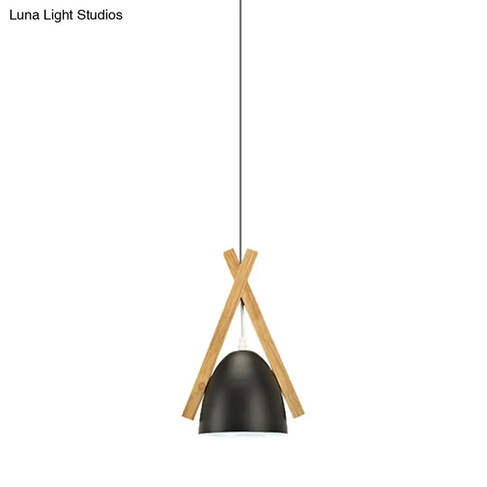 Hanging Bowl Shape Pendant Light With Linear Wood Deco - Stylish Macaron Loft Aluminum For Hallways