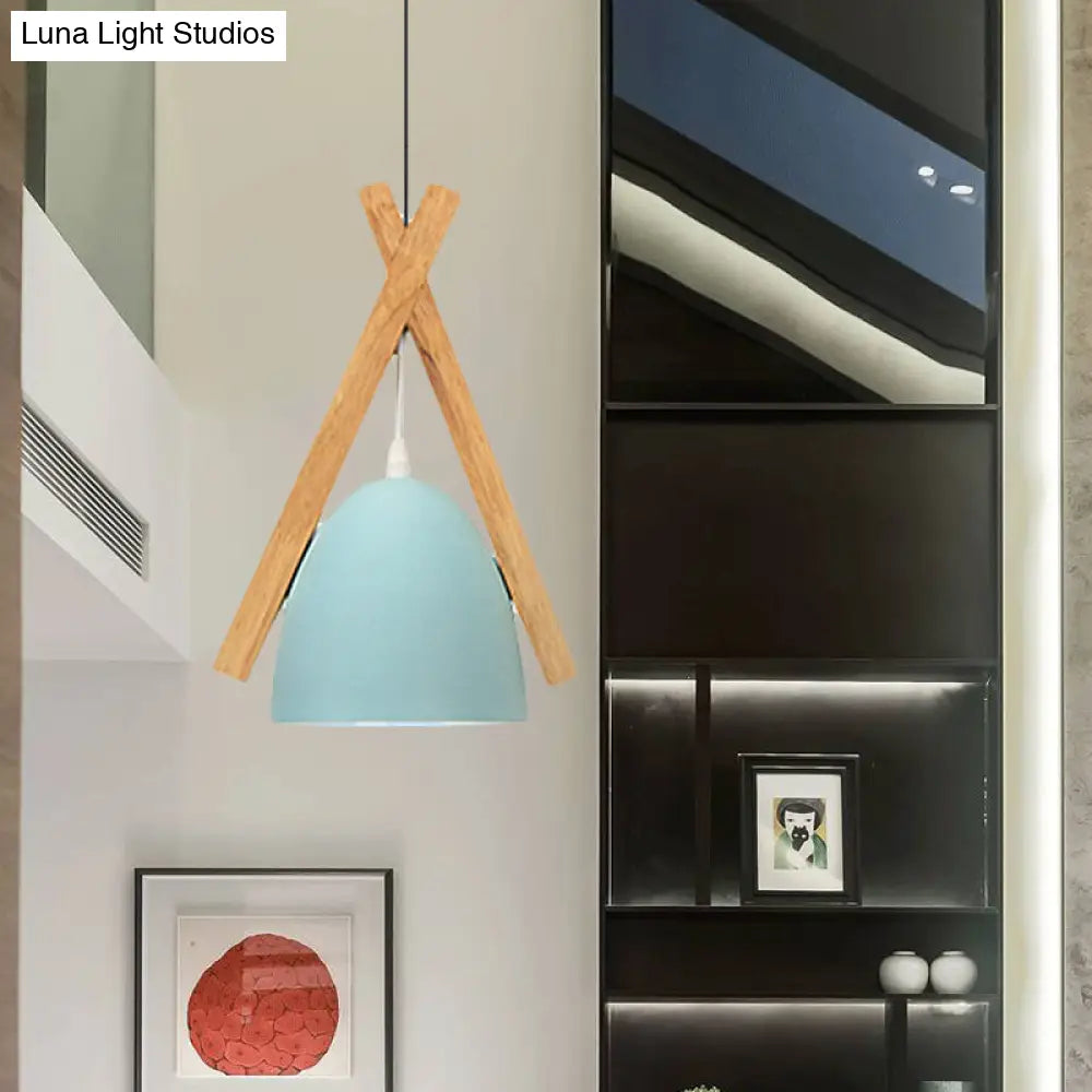 Hanging Bowl Shape Pendant Light With Linear Wood Deco - Stylish Macaron Loft Aluminum For Hallways