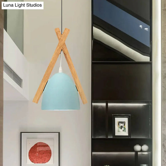 Hanging Bowl Shape Pendant Light With Linear Wood Deco - Stylish Macaron Loft Aluminum For Hallways