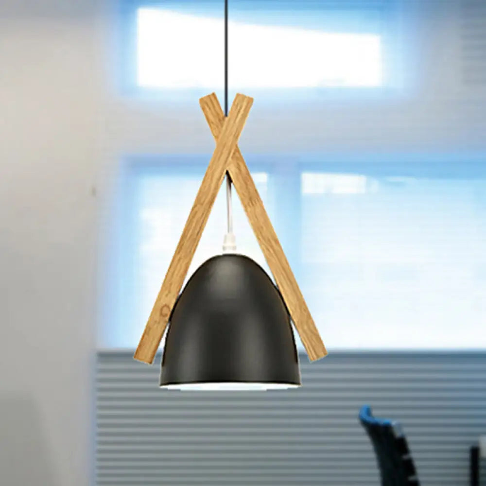 Hanging Bowl Shape Pendant Light With Linear Wood Deco - Stylish Macaron Loft Aluminum For Hallways