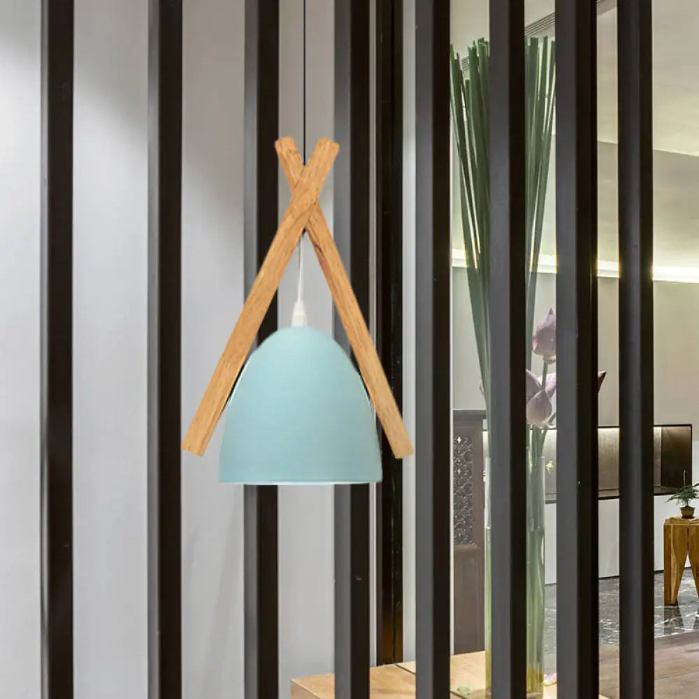 Hanging Bowl Shape Pendant Light With Linear Wood Deco - Stylish Macaron Loft Aluminum For Hallways