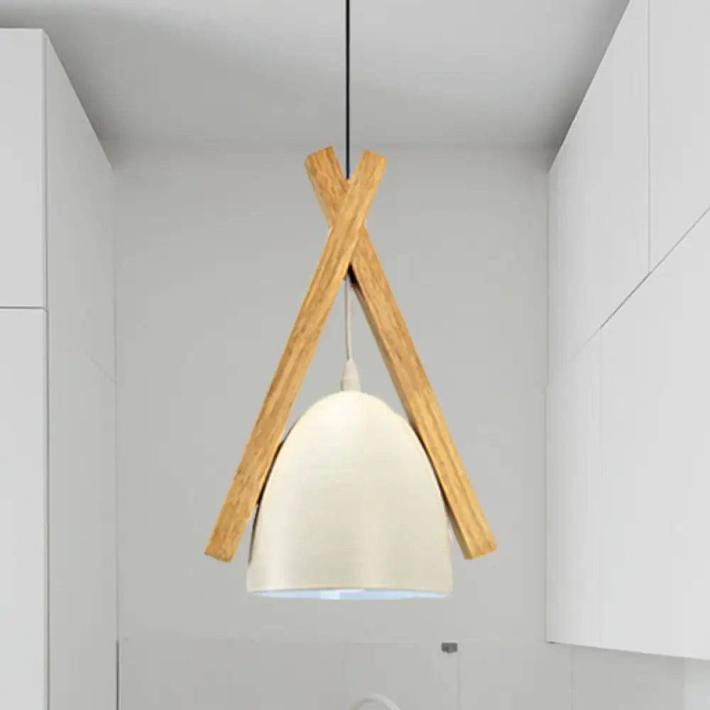 Hanging Bowl Shape Pendant Light With Linear Wood Deco - Stylish Macaron Loft Aluminum For Hallways