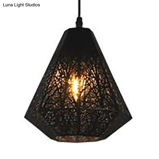 Industrial Metal Hanging Ceiling Light With 3 Black/White Etched Diamond Lights - Perfect For