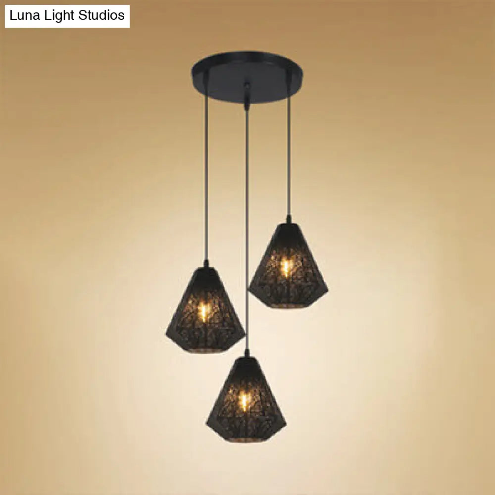 Industrial Metal Hanging Ceiling Light With 3 Black/White Etched Diamond Lights - Perfect For