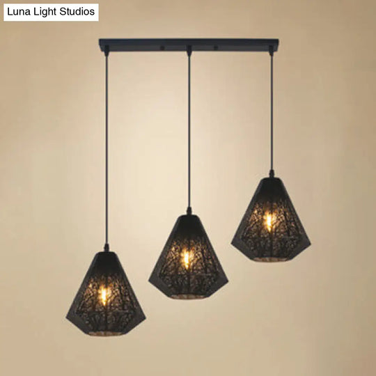 Industrial Metal Hanging Ceiling Light With 3 Black/White Etched Diamond Lights - Perfect For