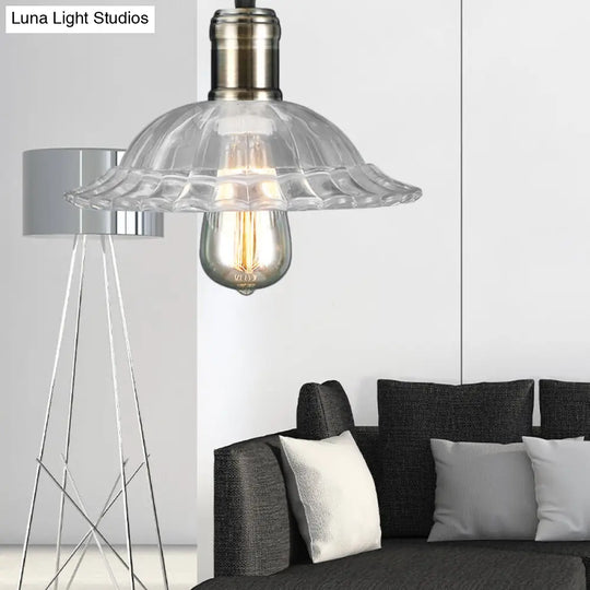 Scalloped Glass Ceiling Pendant Light With Ribbed Shade - Industrial Living Room Lighting Clear