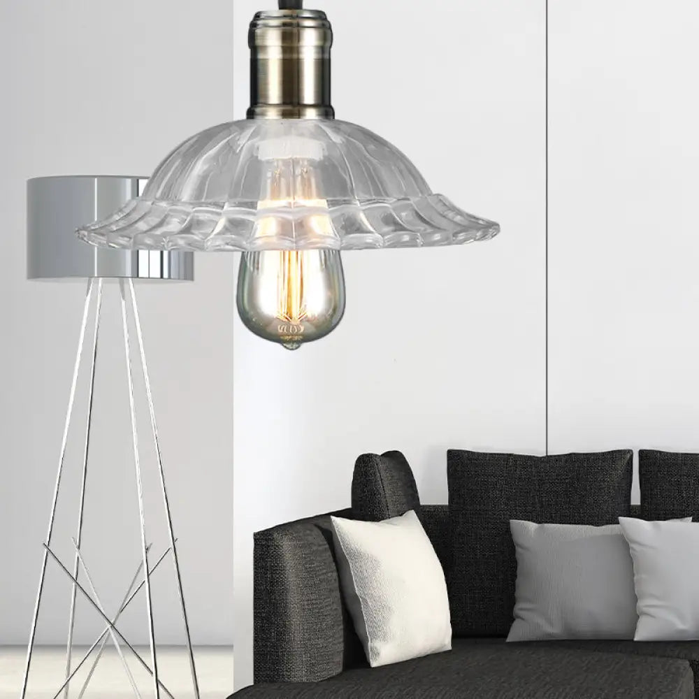 Hanging Ceiling Light With Scalloped Ribbed Glass Shade - Industrial Pendant Lighting For Living