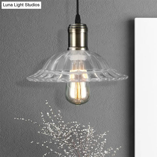 Hanging Ceiling Light With Scalloped Ribbed Glass Shade - Industrial Pendant Lighting For Living