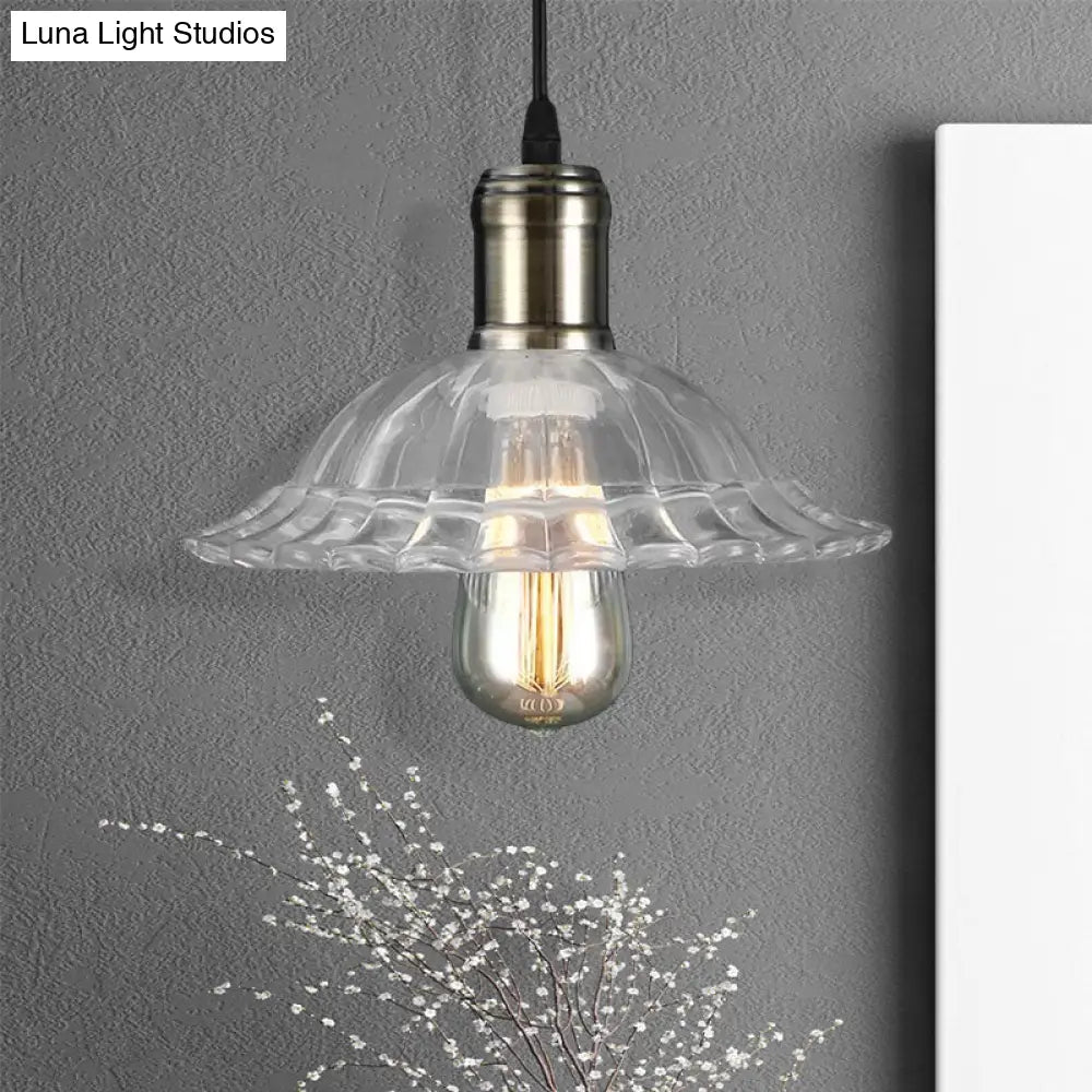 Scalloped Glass Ceiling Pendant Light With Ribbed Shade - Industrial Living Room Lighting