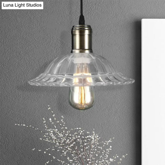 Scalloped Glass Ceiling Pendant Light With Ribbed Shade - Industrial Living Room Lighting