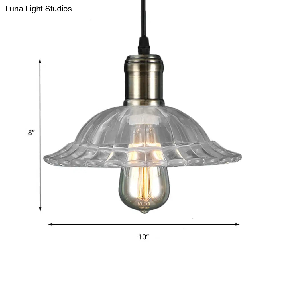 Scalloped Glass Ceiling Pendant Light With Ribbed Shade - Industrial Living Room Lighting