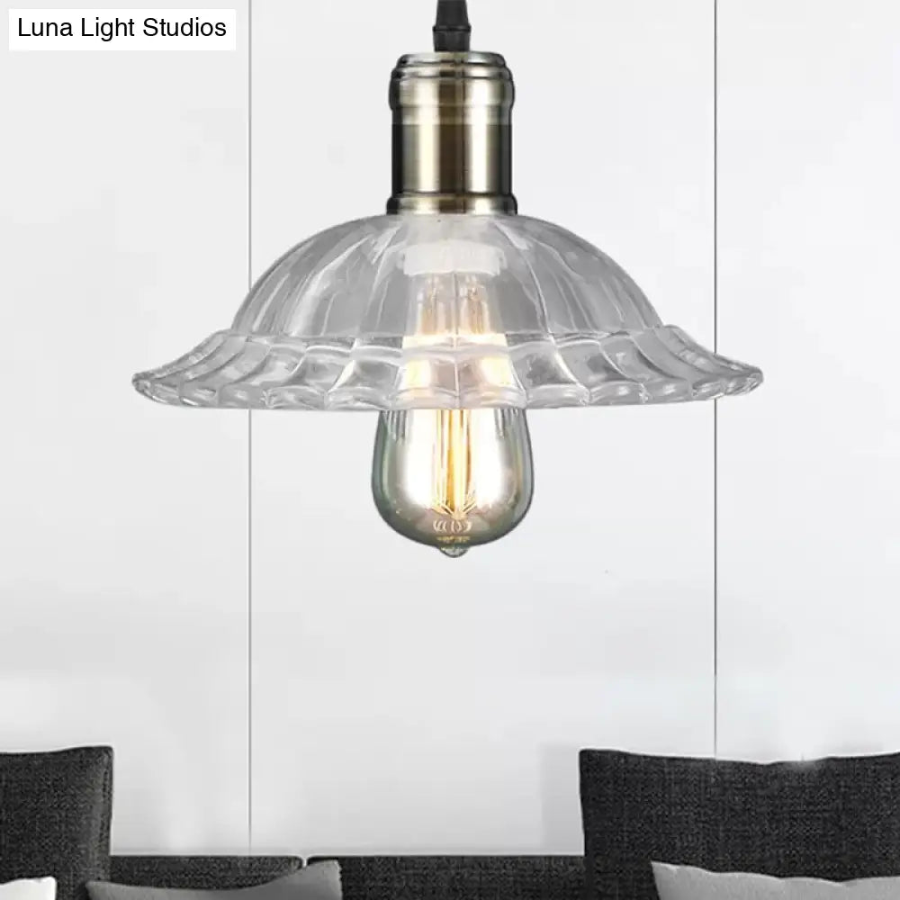Hanging Ceiling Light With Scalloped Ribbed Glass Shade - Industrial Pendant Lighting For Living