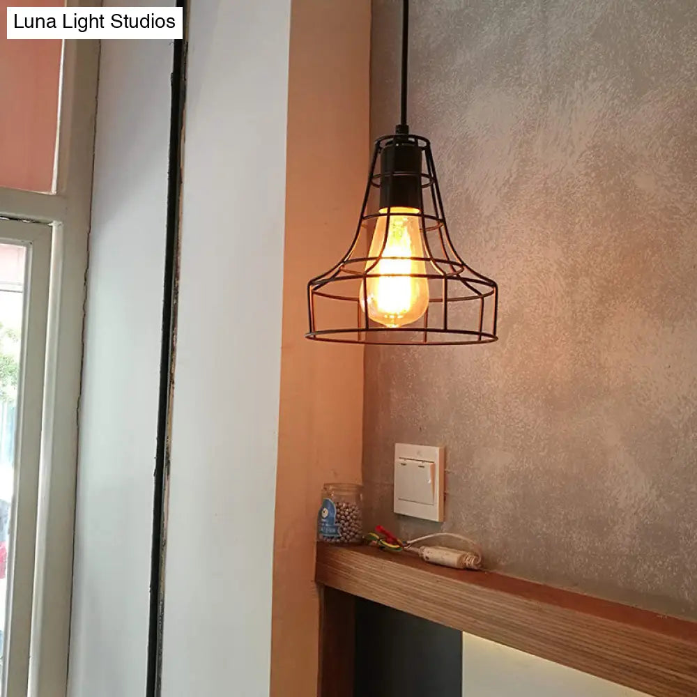 Industrial Metal Hanging Ceiling Light With Bell Cage Shade - 1 Pendant For Dining Room Direct