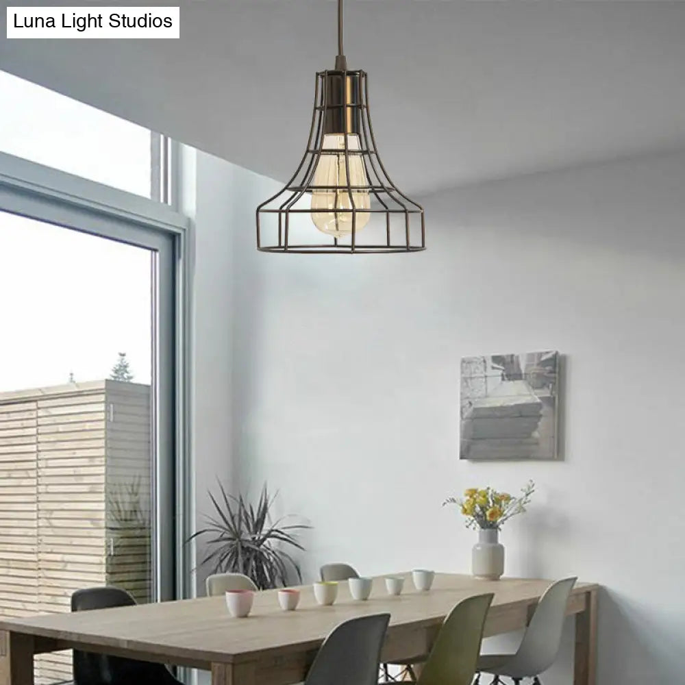 Industrial Metal Hanging Ceiling Light With Bell Cage Shade - 1 Pendant For Dining Room Direct