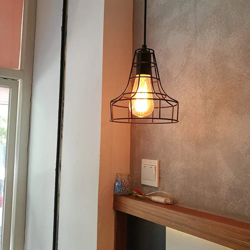 Hanging Ceiling Pendant Light With Bell Cage Shade - Industrial Metal Design For Dining Room Direct