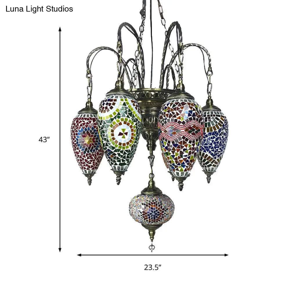 Hanging Chandelier: 7-Bulb Coffee House Tradition Pendant Light With Colorful Glass Shade