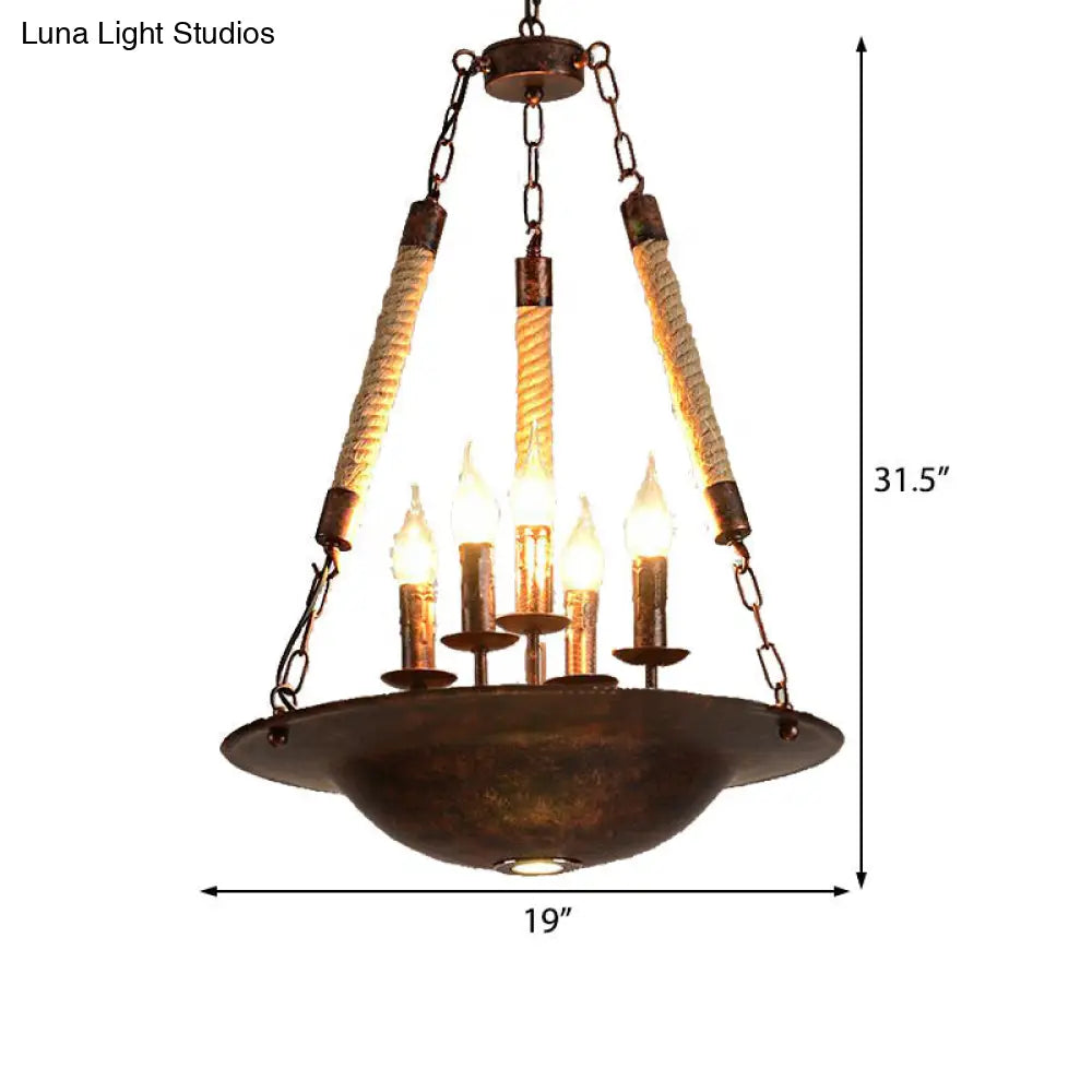 Industrial Rust Chandelier: 5-Light Metal Pendant Fixture For Dining Room With Rope Chain