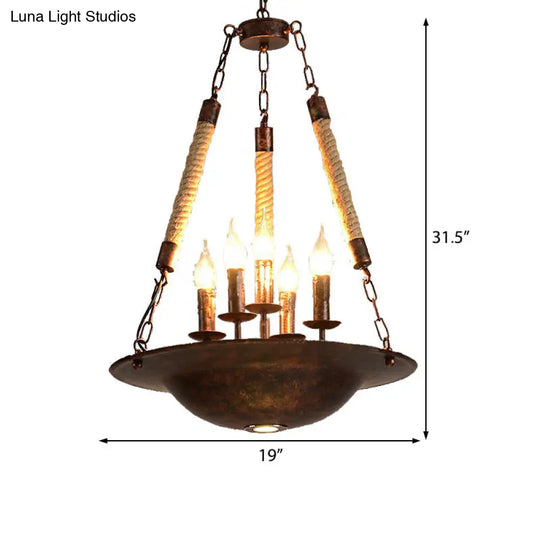 Industrial Rust Chandelier: 5-Light Metal Pendant Fixture For Dining Room With Rope Chain