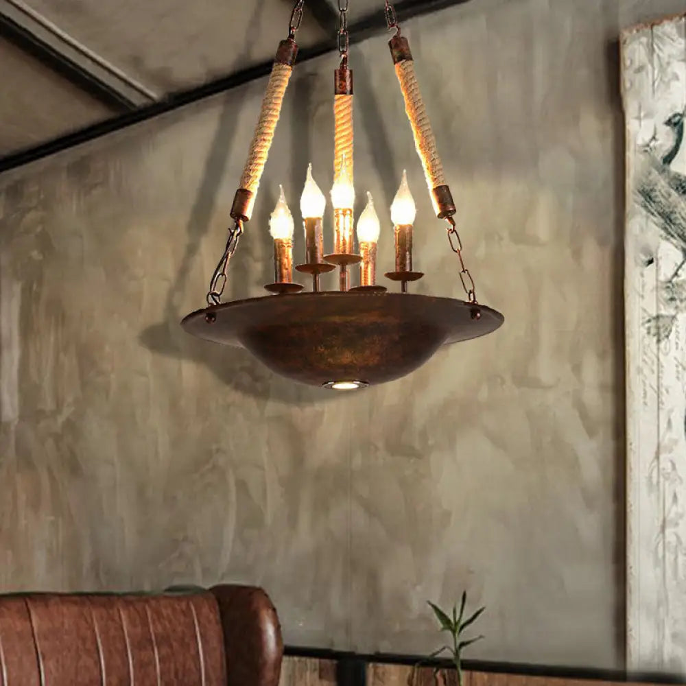 Hanging Chandelier Industrial Rust Candle Pendant Light Fixture With 5 Lights & Rope Chain