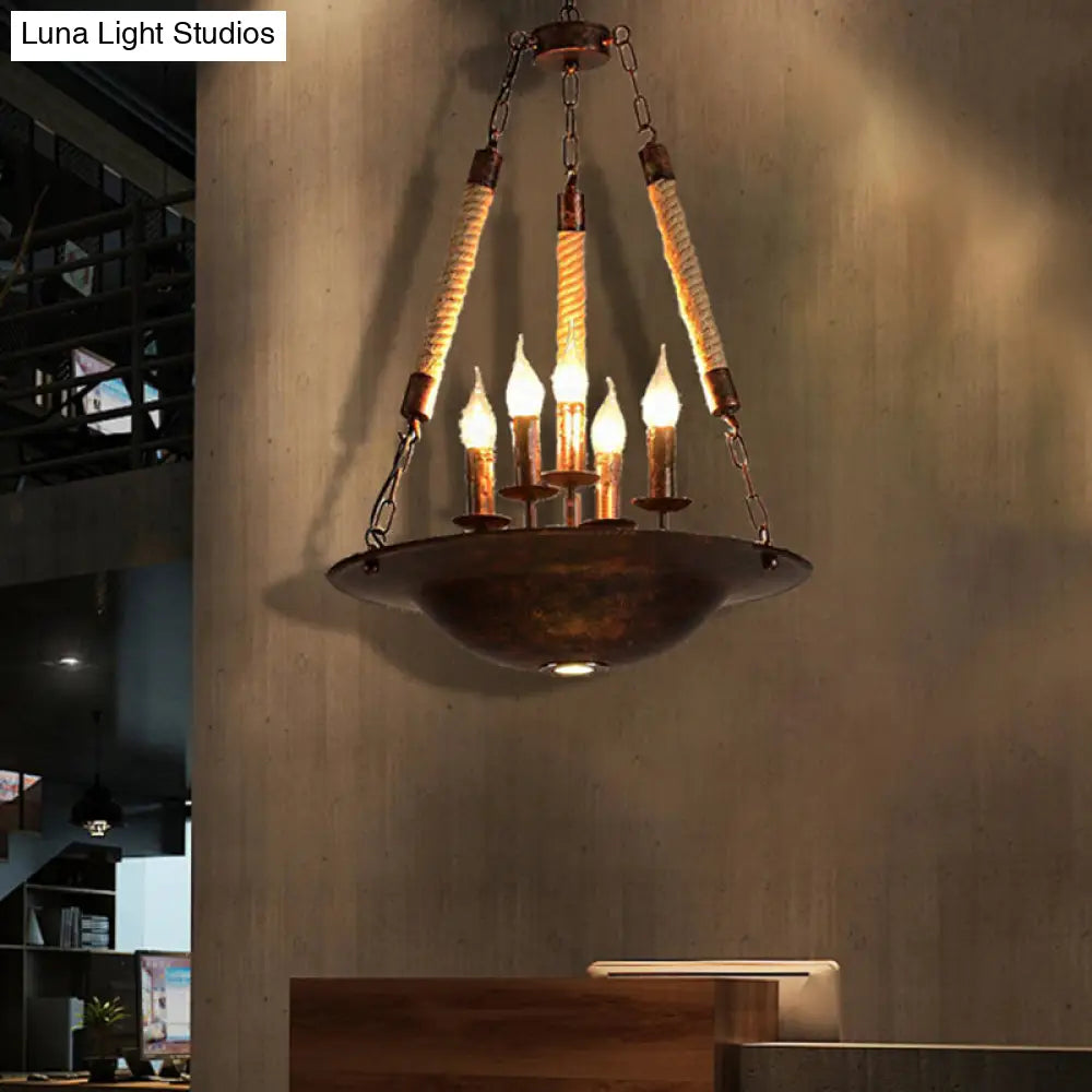 Industrial Rust Chandelier: 5-Light Metal Pendant Fixture For Dining Room With Rope Chain