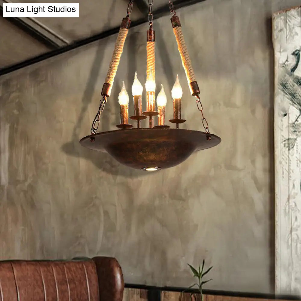 Industrial Rust Chandelier: 5-Light Metal Pendant Fixture For Dining Room With Rope Chain